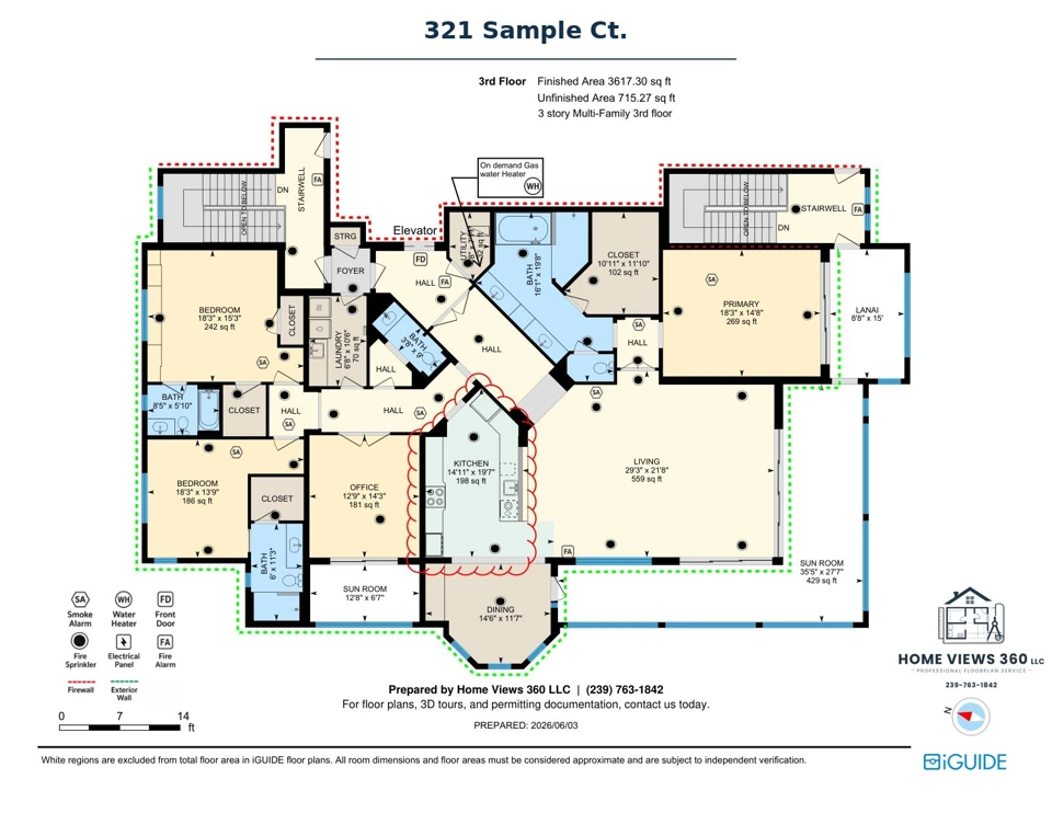 Colored condo floor plan with room dimensions, fire sprinklers and firewall annotations