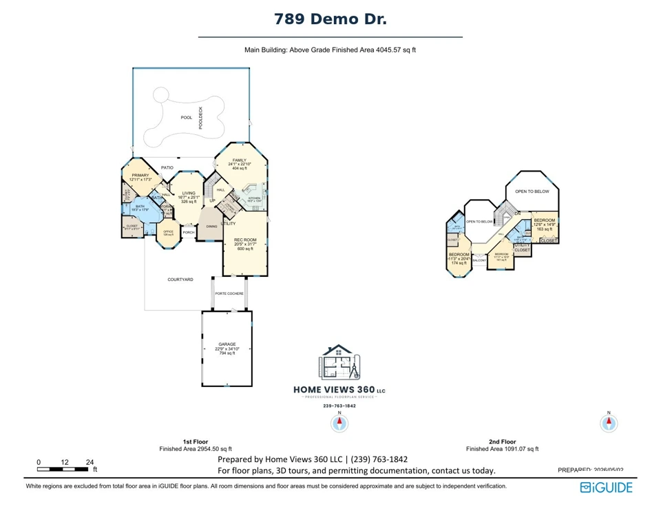 Dimensioned two-story estate floor plans with courtyard and pool