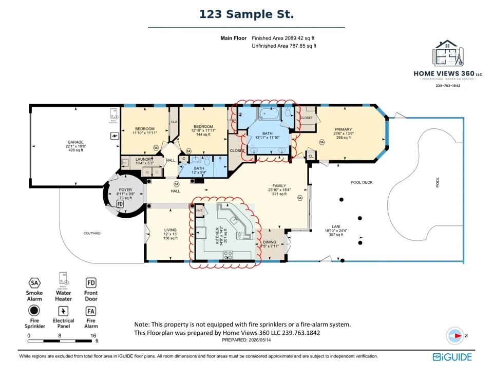 Existing-condition single-family floor plan with labeled rooms, pool area and code-symbol legend